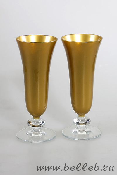 золотистые свадебные фужеры для шампанского на низкой ножке №30180