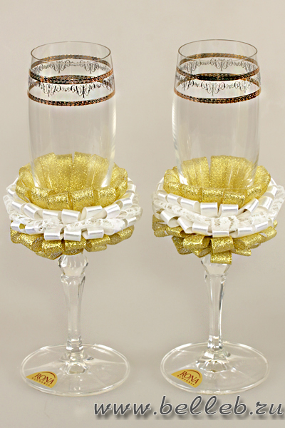 бело-золотистые бокалы на свадьбу ручной работы из чешского стекла №30062